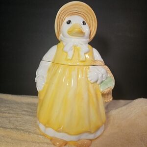 VTG Ms. Myra Duck Ceramic Cookie Jar Mother Goose Style - Yellow Dress & Bonnet